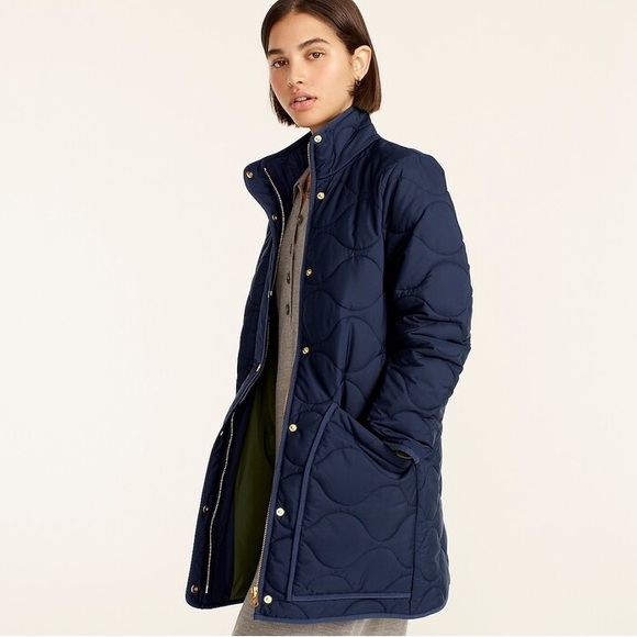 J. Crew Navy Quilted Cocoon Puffer Jacket with PrimaLoft - Size Small - Picture 1 of 12